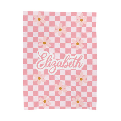 Personalized Pink Checkered Floral Velveteen Plush Blanket