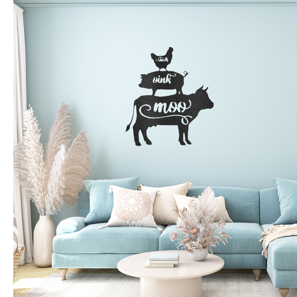 farm animals cow pig and chicken - steel sign