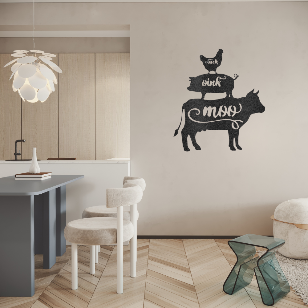 farm animals cow pig and chicken - steel sign