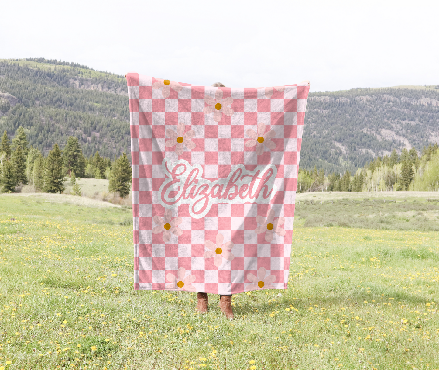 personalized pink checkered floral velveteen plush blanket